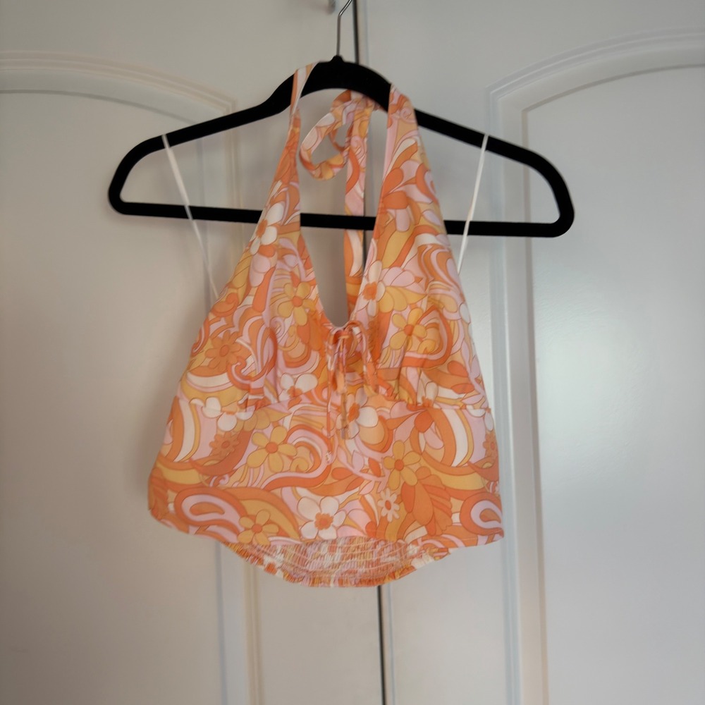 Hollister Womens Retro Floral Halter Top Orange Psychedelic Smocked Back Large